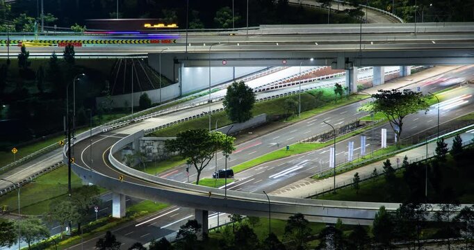Timelapse of a busy highway intersection in Jakarta satellite city (BSD) at night