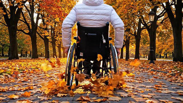 Individual in wheelchair navigating through vibrant autumn park, wheels rolling over colorful fallen leaves, enjoying the seasonal scenery