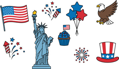 American patriotic symbols including Statue of Liberty and flag on white background vector illustration © Rasel