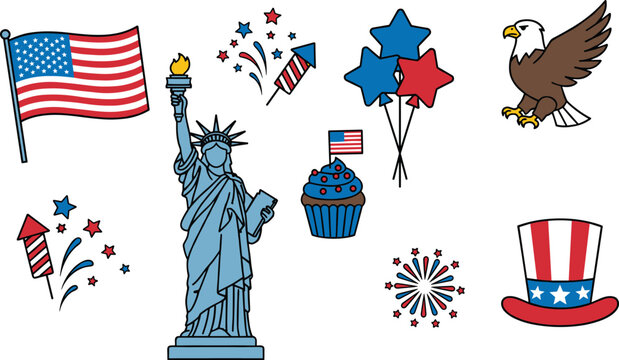 American patriotic symbols including Statue of Liberty and flag on white background vector illustration
