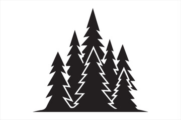 Obraz premium A stylized black and white illustration of five clustered pine trees against a plain background. Vector, illustration