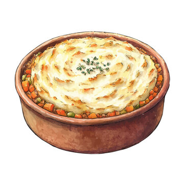 Shepherds Pie in detailed isometric watercolor art, isolated on a pure white backdrop.