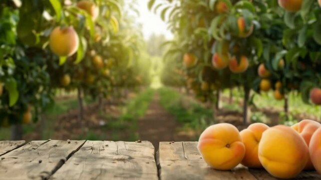 Fresh peaches on trees and on a table in the garden under the sunlight perfectly convey fertility and naturalness, which is suitable for decorating culinary blogs or packaging organic products as a ba