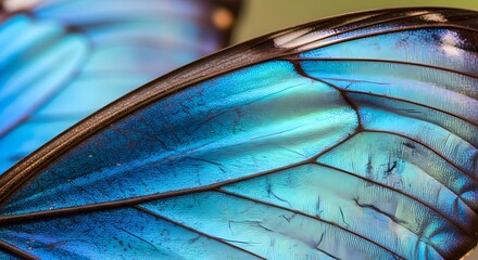 Close-up of a vibrant iridescent blue butterfly wing showcasing delicate patterns and textures.