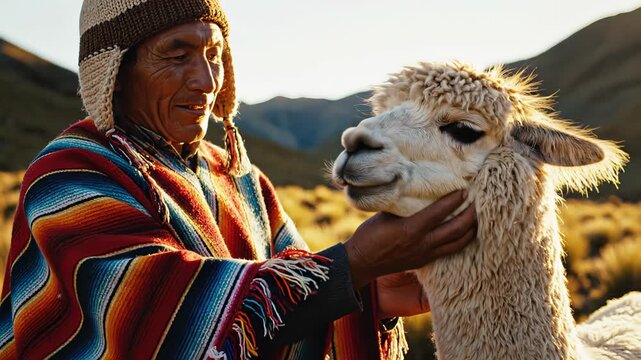 Man in colorful poncho gently interacting with a llama, showcasing a bond through touch and affection in a natural outdoor setting