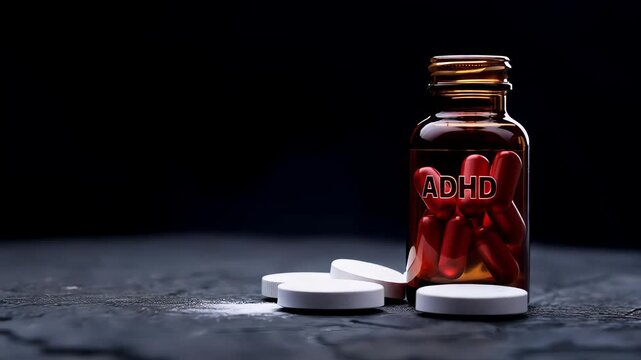 Amber glass bottle labeled adhd with red capsules and tablets on a dark slate surface under moody light, symbol of focus, attention and impulse control therapy, concept of mental health treatment