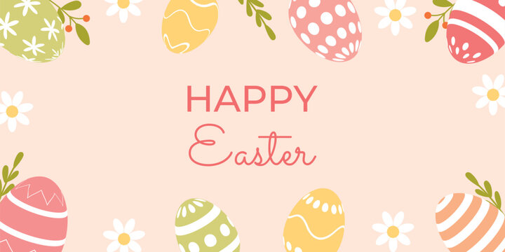 Happy Easter background with decorative eggs and flowers. Vector Easter banner, perfect for greeting cards, banners, posters, invitations, social media and seasonal holiday design.