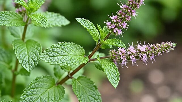 Close-up of a vibrant mint plant with delicate purple flowers in full bloom.