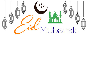 Obraz premium Eid Mubarak Greeting Card, Crescent Moon and Mosque Design, Festive Islamic Celebration Vector