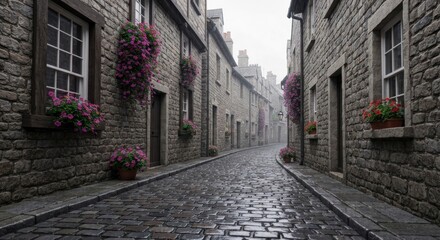 Fototapeta premium Stone street lined with buildings, flowers, & cobblestone under a gray sky