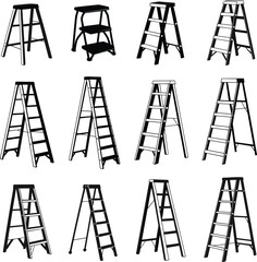 Professional Step Ladder Silhouette Icon Set Featuring Various Folding Ladders For Home Improvement Construction Maintenance Repair And Industrial Hardware Branding