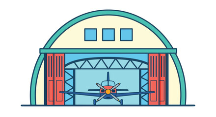 Obraz premium Cartoon illustration of an airplane inside a hangar with open doors