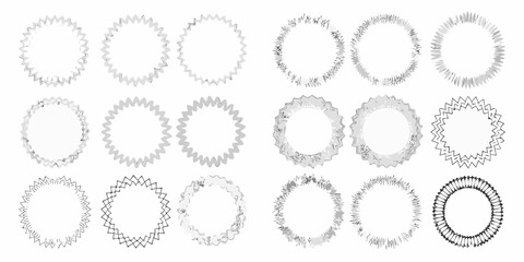 Arrangement of circular jagged and solid ring illustrations in grayscale
