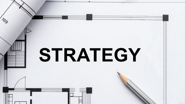 Blueprint plan with strategy text and pencil, architectural drawing showing business.