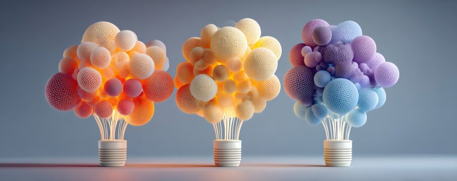 Brightly colored textured spheres emerging from light bulb bases, representing innovation, creativity, and new thinking