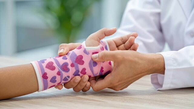 medical professional examining a cast on a child arm, showing pediatric care, injury recovery, and gentle healthcare support in a clinical environment