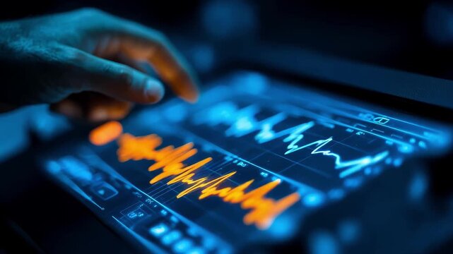 Closeup of digital oscilloscope screen with vibrant signal traces while a specialist analyzes circuit performance
