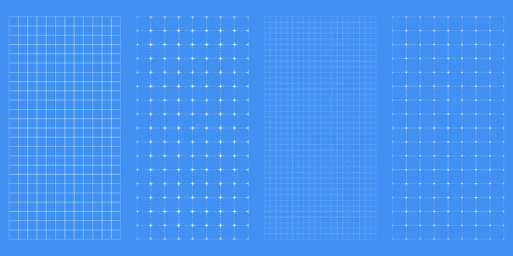Set of seamless blueprint blue grid patterns. White notebook paper with precise square structure. Background textures for architecture and engineering use.