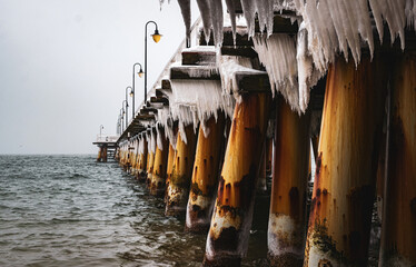 Frozen old pier on the Baltic Sea in Gdynia	