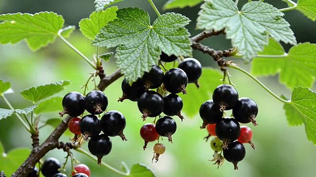 Close-up of blackcurrant berries growing on a branch with green leaves.
