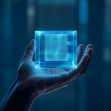 Futuristic Technology in Hand: A close-up shot presents a glowing, translucent cube held delicately in a person's hand, embodying the essence of future technology. 