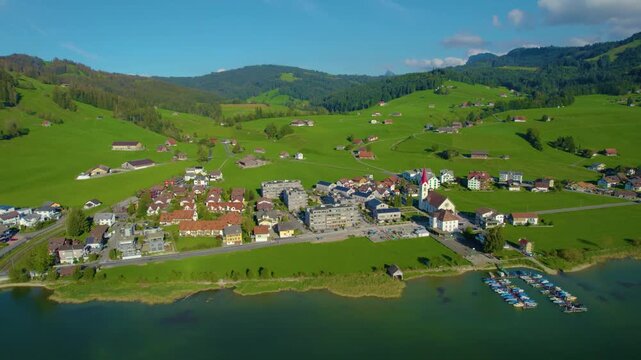 Aerial view of the village Willerzell in Switzerland on a sunny afternoon in summer.