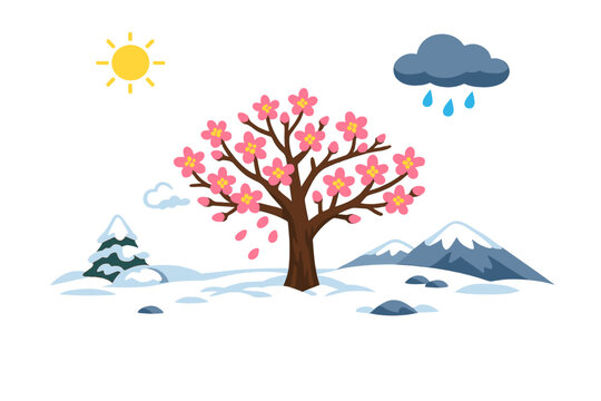 In the snow, a tree suddenly blossoms, its flowers starkly highlighting the unforeseen impacts of climate change