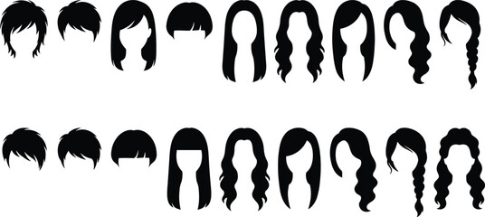 Women hairstyle silhouette collection featuring various modern female haircuts in black vector illustration isolated on white background for beauty and fashion design