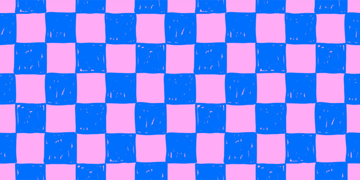 Seamless abstract horizontal blue large checkered pattern on pink background, colorful checkerboard pattern drawn with brush, simple hand-drawn vector illustration, drawing, flat style