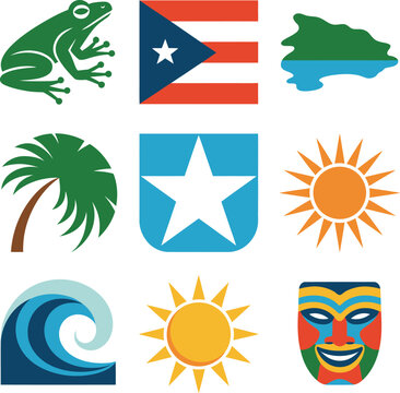 Puerto Rico Icons Set: Sun, Map, Flag, Coqui Frog, Wave, Palm Tree