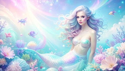 Fantasy mermaid illustration with pastel flowing hair, shimmering iridescent tail, and dreamy underwater scene