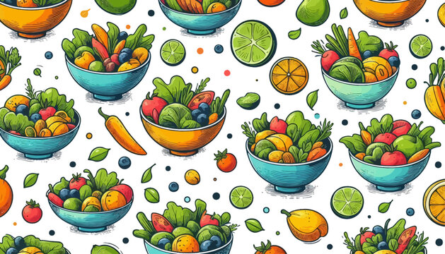 salad bowls vector seamless pattern with fresh and colorful vegetables and fruits in hand drawn design