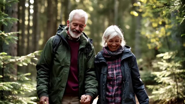 Explore adventure journey achievement outdoor in National Park. A man and woman walking handinhand through a forest. The man wears a green jacket, maroon shirt, and brown pants.