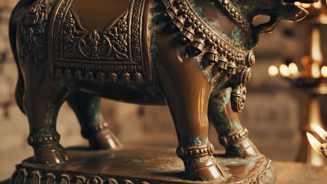 Antique Bronze Bull Statue with Ornate Details and Verdigris Patina in a Temple Setting with Soft Golden Light