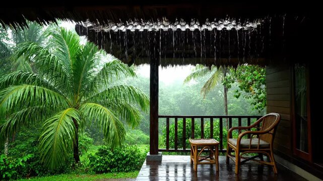 Rainy day on a tropical porch with palm trees and rattan furniture