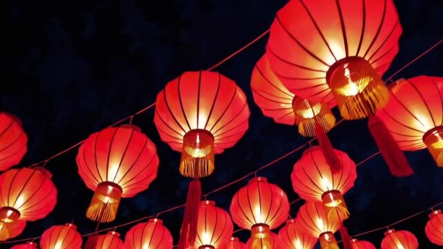 Low-angle video of glowing red lanterns at night, creating a festive, warm ambiance
