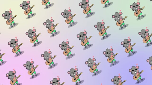Seamless pattern with a cute cartoon koala playing an acoustic guitar on a pastel gradient background animation. Playful koala musician for kids' nursery wallpaper. Adorable screen with animal mascot.