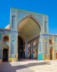 Jame Mosque of Yazd in Iran. The mosque is crowned by a pair of minarets, the highest in Iran.