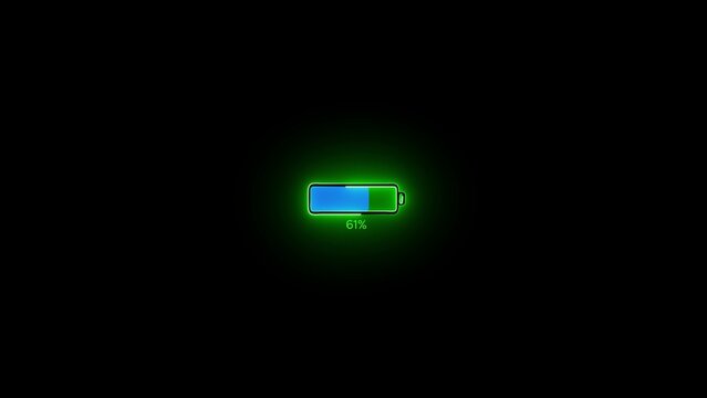 Green battery with 61 percent charge on black background battery charging