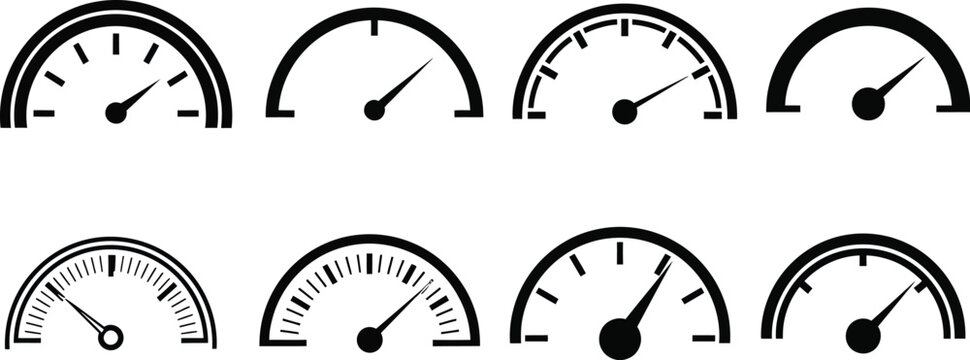 Speedometer, tachometer icon. Speed indicator sign. Internet car speed. Performance concept. Speedometer set. Fast speed sign. Flat simple icon - stock vector.