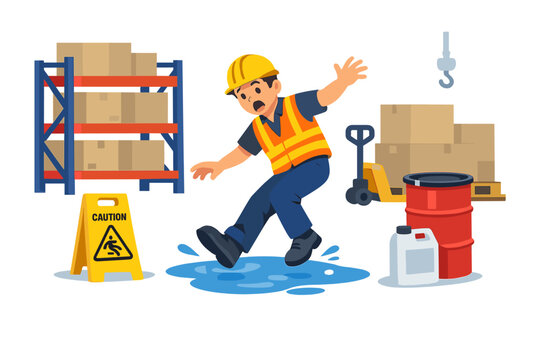 A male warehouse employee inadvertently steps into a liquid spill on the floor, highlighting workplace safety hazards, accident prevention, industrial work environment, and occupational risk
