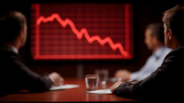 Business professionals observe a red graph showing a sharp decline on a screen in a dimly lit meeting room