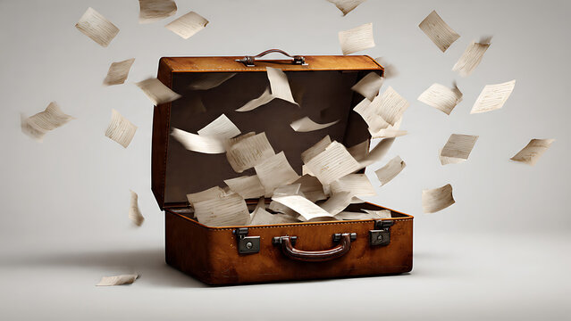 Briefcase Open With Papers Spilling Out White Back