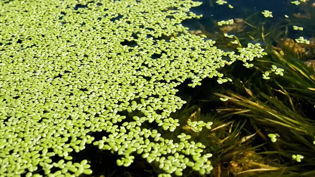 Close-up of duckweed covering the surface of a pond, nature scene.
