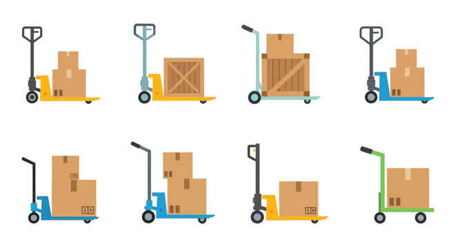 Various types of hand trucks and pallet jacks transporting cardboard boxes