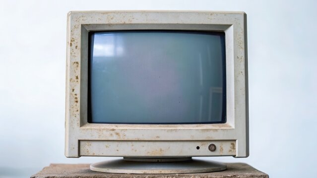 Cybersecurity Threats Old, dusty beige CRT computer monitor displaying a blank screen on a wooden table against a plain wall.