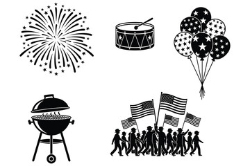 Fototapeta premium Black Silhouettes of Patriotic American Celebration Elements on White Background fireworks drum
