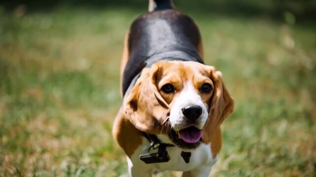 Medium shot of a playful beagle running joyfully through a grassy park during a candid pet photography session