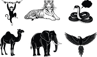 Black silhouette collection of wild animals featuring tiger elephant monkey camel parrot and snake isolated on white background for zoo wildlife education and safari nature design © MdAnowarHossain