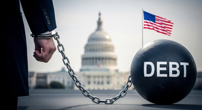 Handcuffed Businessman Chained to USA Debt Ball